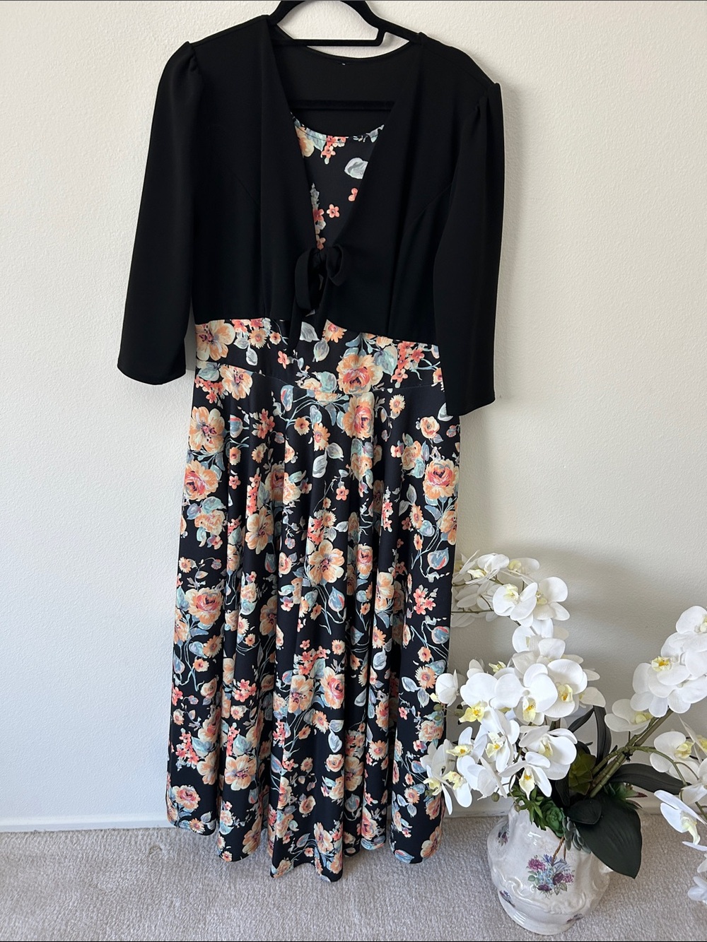 Floral Black Maxi Dress with Tie-Front Jacket